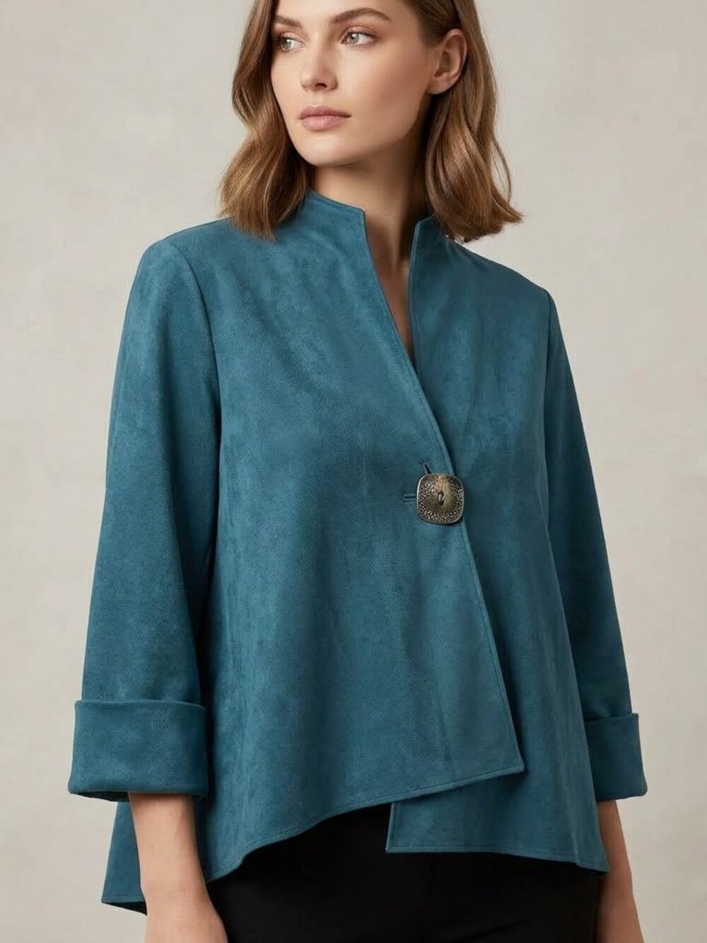 IC by Connie K Asymmetrical Jacket Womens XL Teal Faux Suede Mandarin Collar